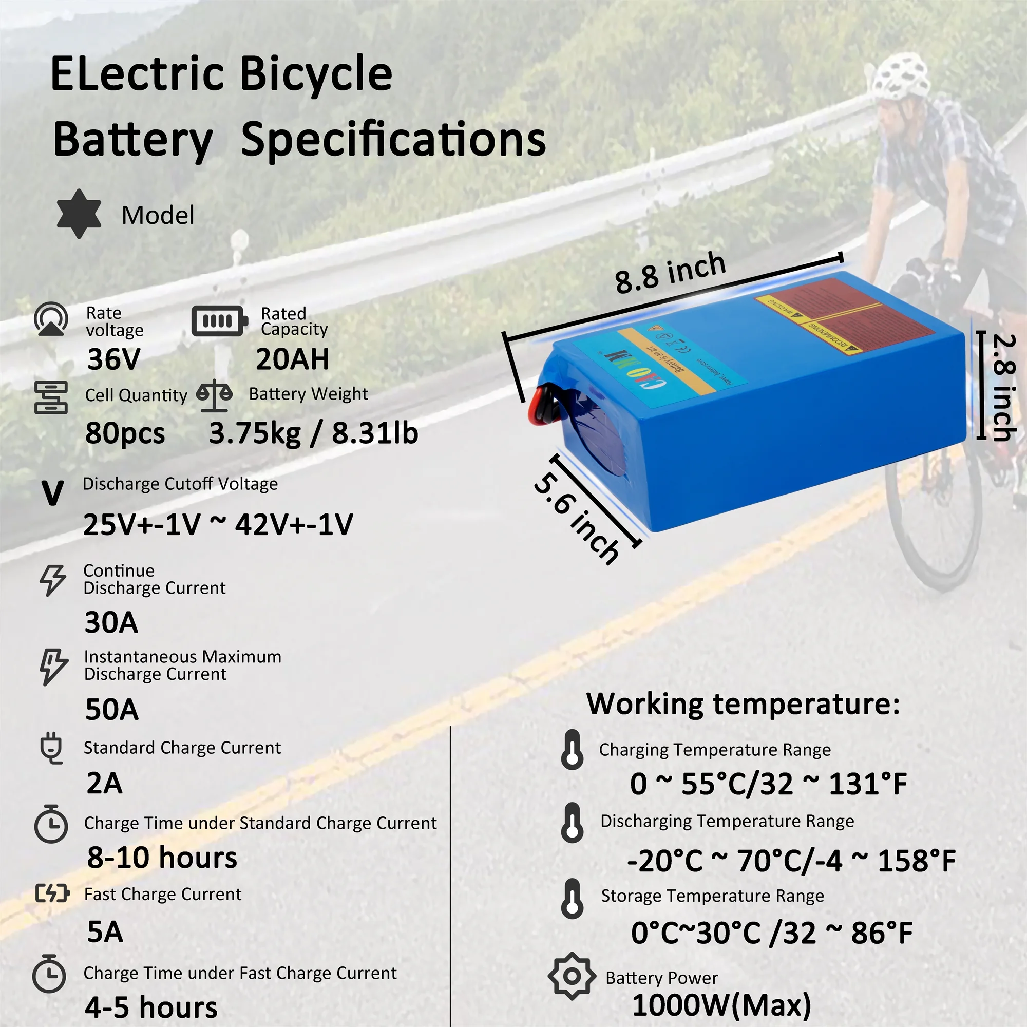CAO MM Ebike Battery 36V 20Ah Lithium Battery with 5A Fast Charger for 1000W Electric Bike Tricycle