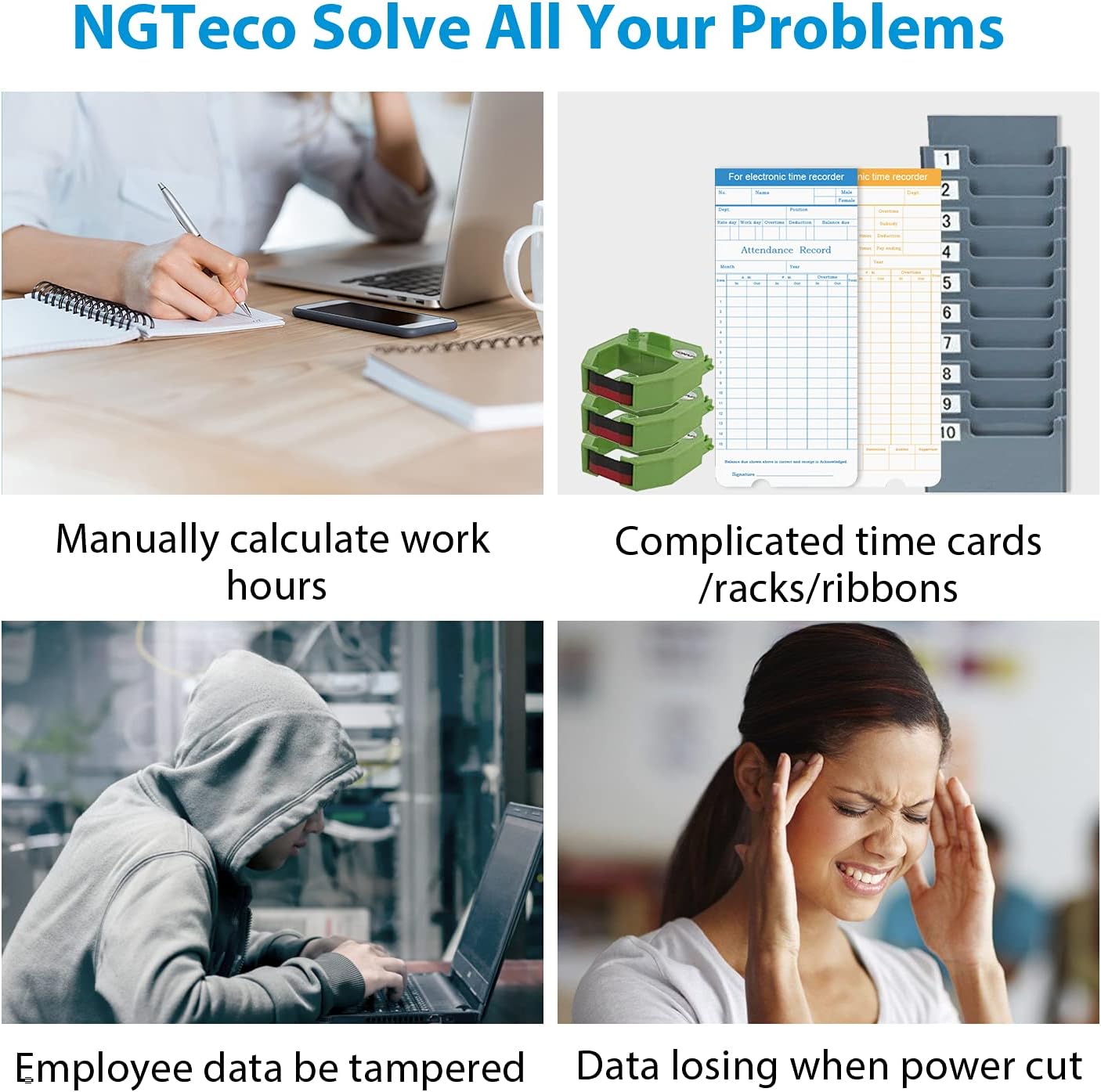 Time Clocks for Employees Small Business, NGTeco W3 WiFi Biometric Fingerprint Time Card Machine, Office Punch Clock Automatic in and Out with APP for iOS Android (0 Monthly Fees)
