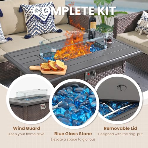 SUNSITT Outdoor Fire Pit Table 43 Inch Wicker Propane Fire Pit with Aluminum Tabletop 50,000 BTU Gas Firepit with Fire Glass, Lid, Cover, Taupe Rattan