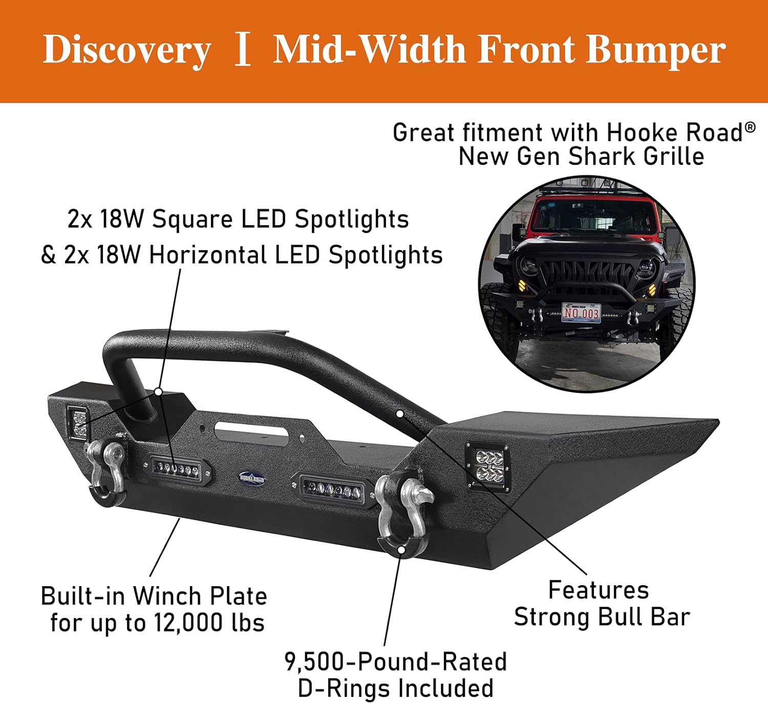u-Box JK Wrangler Front & Rear Bumpers Combo w/ Winch Plate & Spare Tire Carrier & LED Lights & D Rings Compatible with Jeep JK Wrangler 07-18