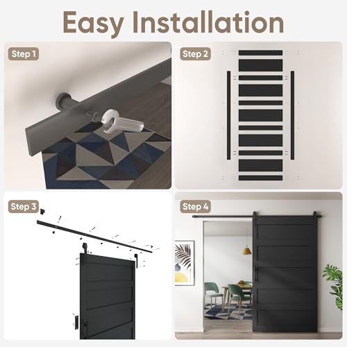 JUBEST 36" x 84" Barn Door, Slding Barn Door Kit Wave Shape Barn Door Panel with Hardware Kit Include, Easy Installation, Solid Wood, MDF & PVC Covered, Black