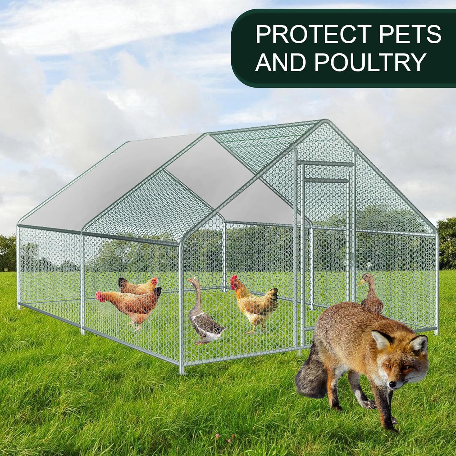 13x10x6.5 FT Metal Chicken Coop Walk in Chicken Run Cage for Chickens, Rabbits House, Duck House, Chicken Runs Poultry Cage for Yard with Waterproof Cover