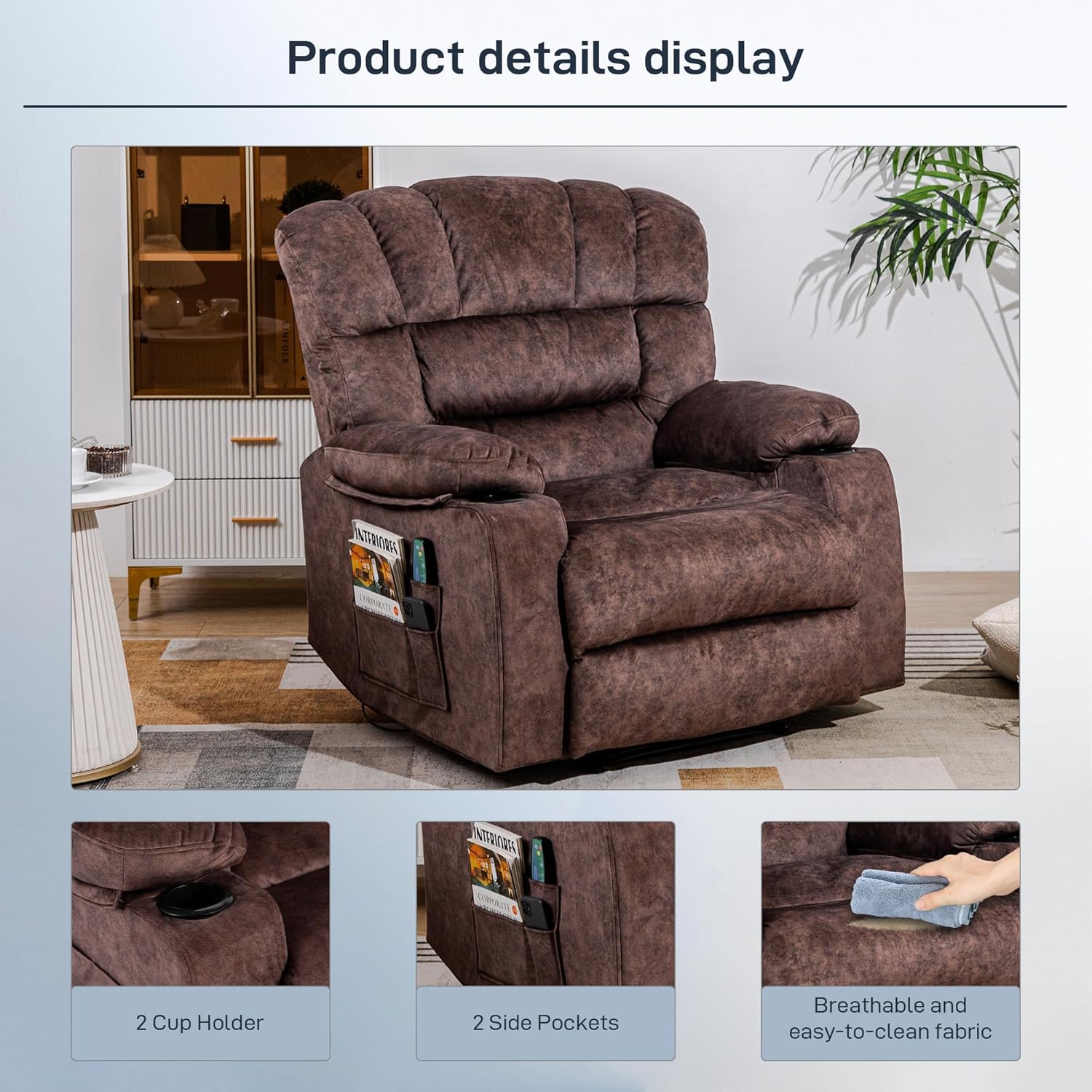 Recliner Chair Massage Heated Modern Ergonomic Lounge Single Sofa Seat Living Room Gravity Recliners Elastic Foam Filling 2 Cup Holders & Side Pocket Brown