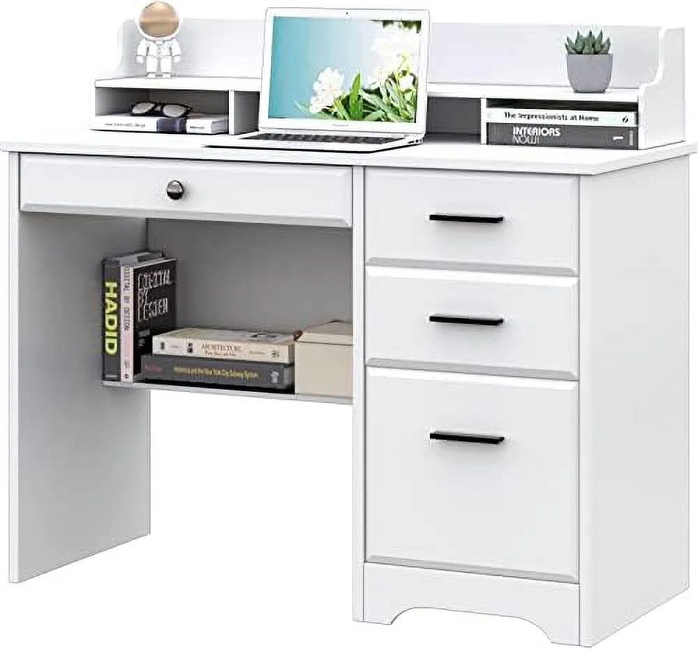 KHBIULIFE Computer Desk with Drawers and Hutch   Farmhouse Home Office Desk with  Drawers  PC Laptop Workstation Wood Computer Table Writing Study Desk Wooden Desk for Home Office Bedroom