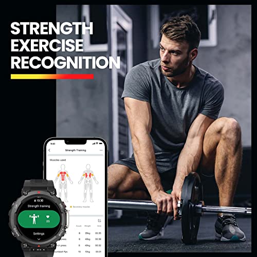 Amazfit T-Rex 2 Rugged Smart Watch, Military Certified, GPS, 24-Day Battery Life, Heart Rate, VO2, SPO2 Monitoring, Pacer, Altitude, 10 ATM Water-Resistant, Sleep Monitoring (Black)
