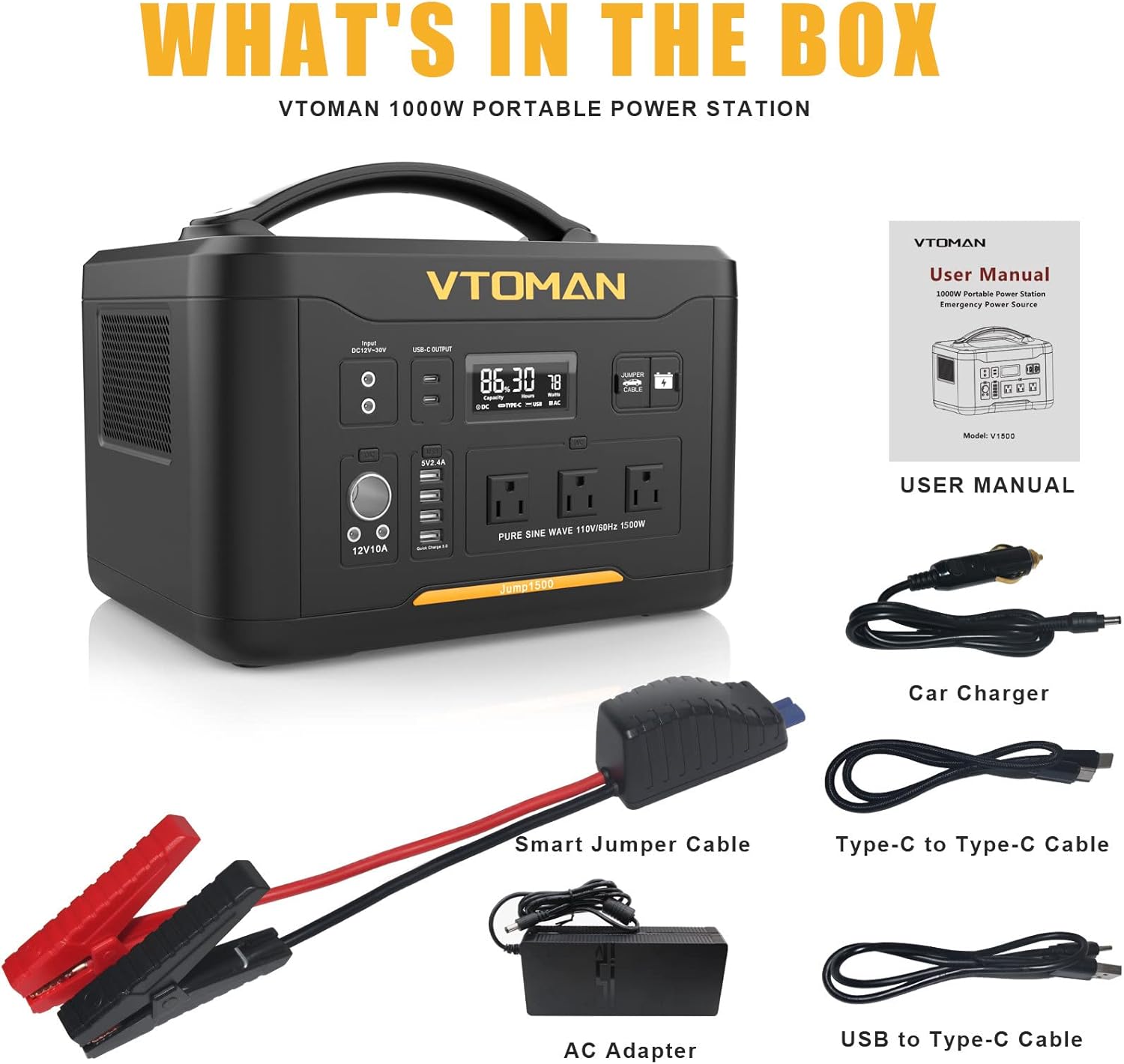 VTOMAN Jump 1500 Portable Power Station with Jump Starter, 1500W/1548Wh LiFePO4 Battery Station with AC 1500W(Peak 3000W)/PD 100W/QC3.0/DC 12V, Battery Powered Generator for Outdoor RV/Van Camping
