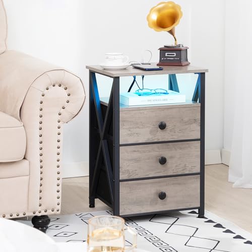 AMHANCIBLE Night Stand Set 2, LED Nightstand with Charging Station, End Side Tables with USB Port & Outlet, Bedside Table with Fabric Drawers for Bedroom Living Room, Dark Grey, HET053LDG