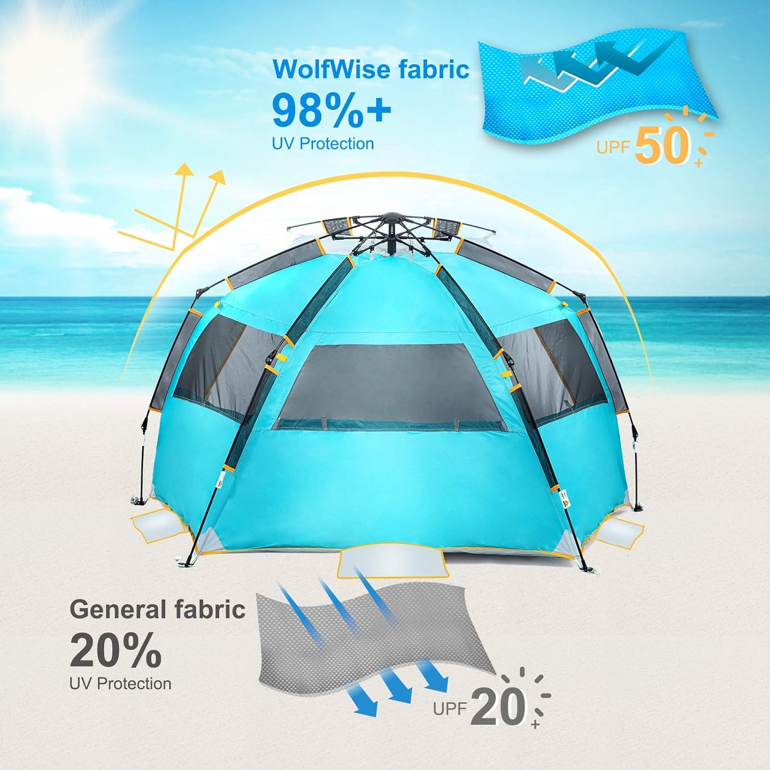 WolfWise 3-4 Person Easy Up Beach Tent UPF 50+ Portable Instant Sun Shelter Canopy Umbrella with Extended Zippered Porch