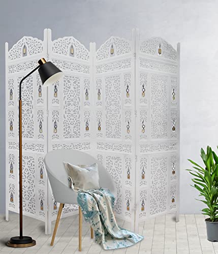 Room Divider Wood Screen - Ghanti Bells Antique Brown - 4 Panel Folding 72 x 80 - Assembled Hand Carved Decorative Functional Versatile Portable Partition Reversible Privacy Boho - COTTON CRAFT