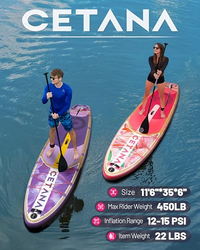 CETANA 11'6×35" Extra Wide Stand Up Paddle Board for Adults & Youth, 400lb Capacity Inflatable Paddle Board, Sup for 2+1 Person with Removable US Fin, 100L Backpack, Floating Paddle, Safety Leash