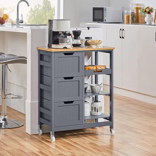 Yaheetech Kitchen Island Cart on Wheels with Bamboo Countertop, Rolling Serving Utility Trolley Cart with 3 Drawers, 3 Removable Shelves & Lockable Casters, Storage Cabinet for Dining Room, Bar, White