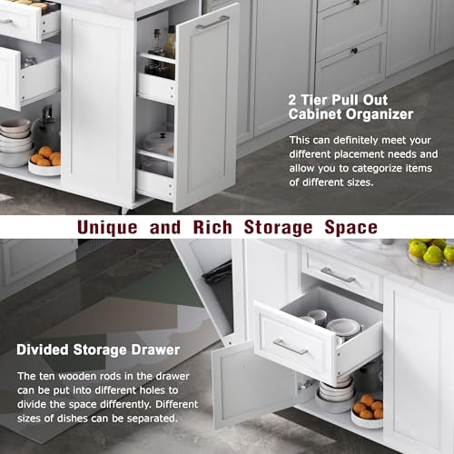 60" Kitchen Island with Drop Leaf and Power Outlet, Rolling Kitchen Cart on Wheels with Trash Can Storage Cabinet, Spice Rack, Towel Rack and Adjustable Shelf for Dining Room