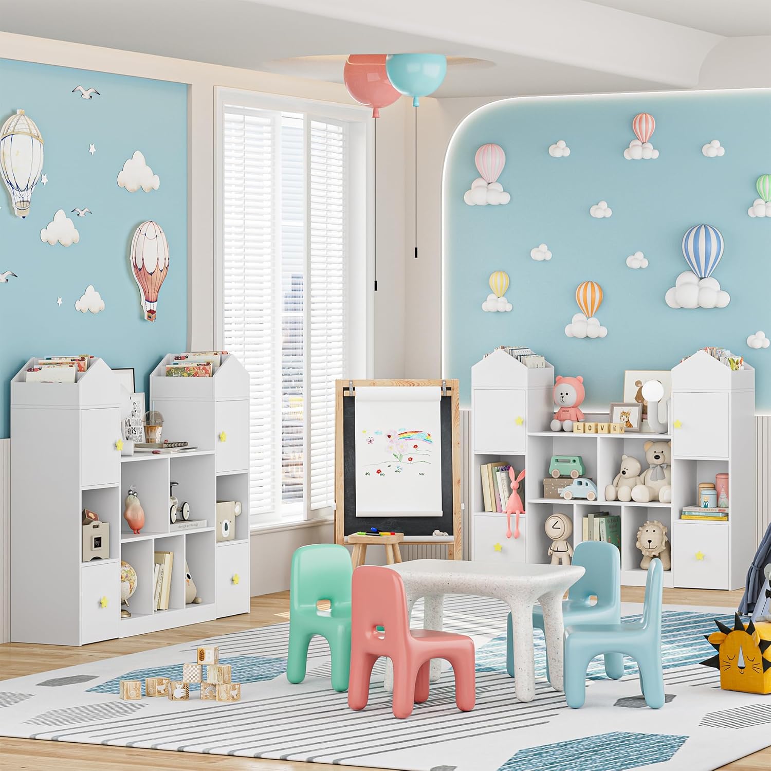 54.5' Toy Storage Organizer, Toy Organizers and Storage Toy Chest with 9 Storage Cubbies and 2 Moveable Drawers, Kids Bookshelf Kids Bookcase with Hidden Wheels for Playroom Bedroom