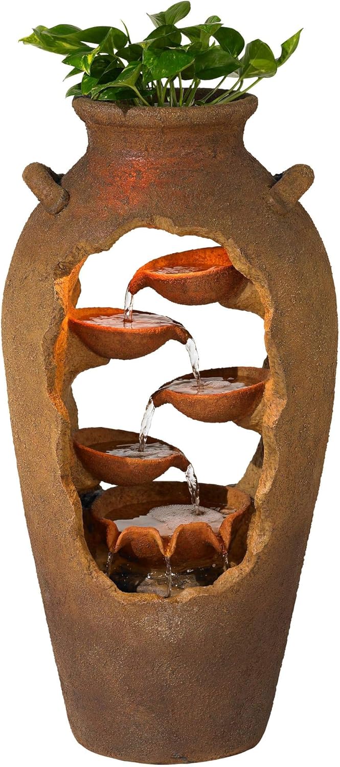 Cascade Rustic Outdoor Floor Urn Waterfalls Fountain 33" High with LED Light and Planter Decor for Garden Patio Yard Deck Home Lawn Porch House Relaxation Exterior Balcony - John Timberland