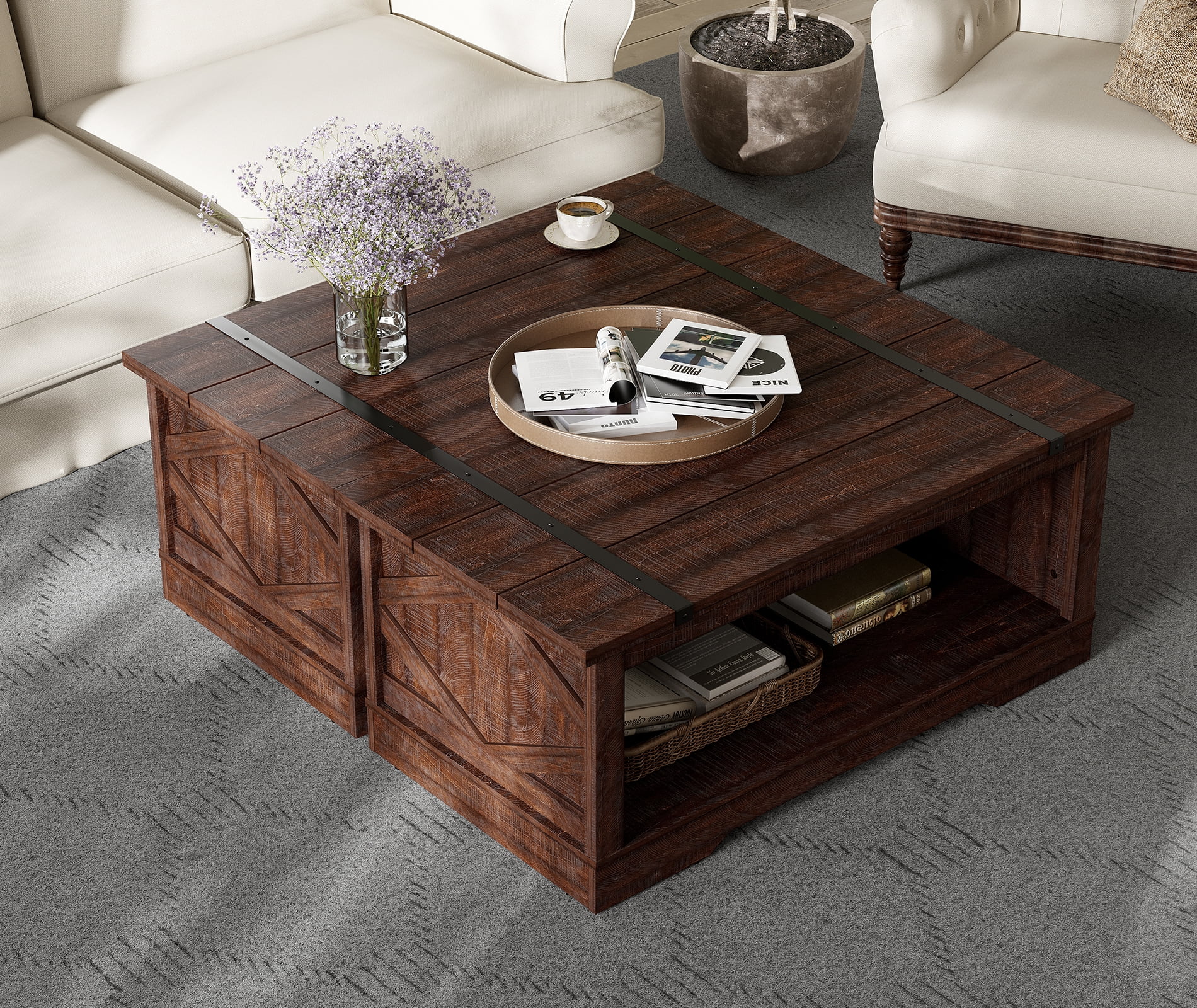 WAMPAT LED Light Modern Farmhouse 2 in 1 Coffee Table, Rectangle Wood Center Table with Open Storage for Living Room, Spliced Wood Desktop, Riveted Metal Bars, Yellow Light,Rustic Brown