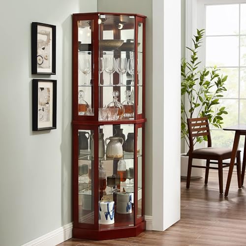 Dolonm 6 Tier Corner Curio Cabinet, 69" H Corner Curio Display Cabinets, Lighted Corner Storage Cabinet with Mirror, Corner Cabinet with Adjustable Shelves, Walnut (E26 Light Bulb Not Included)