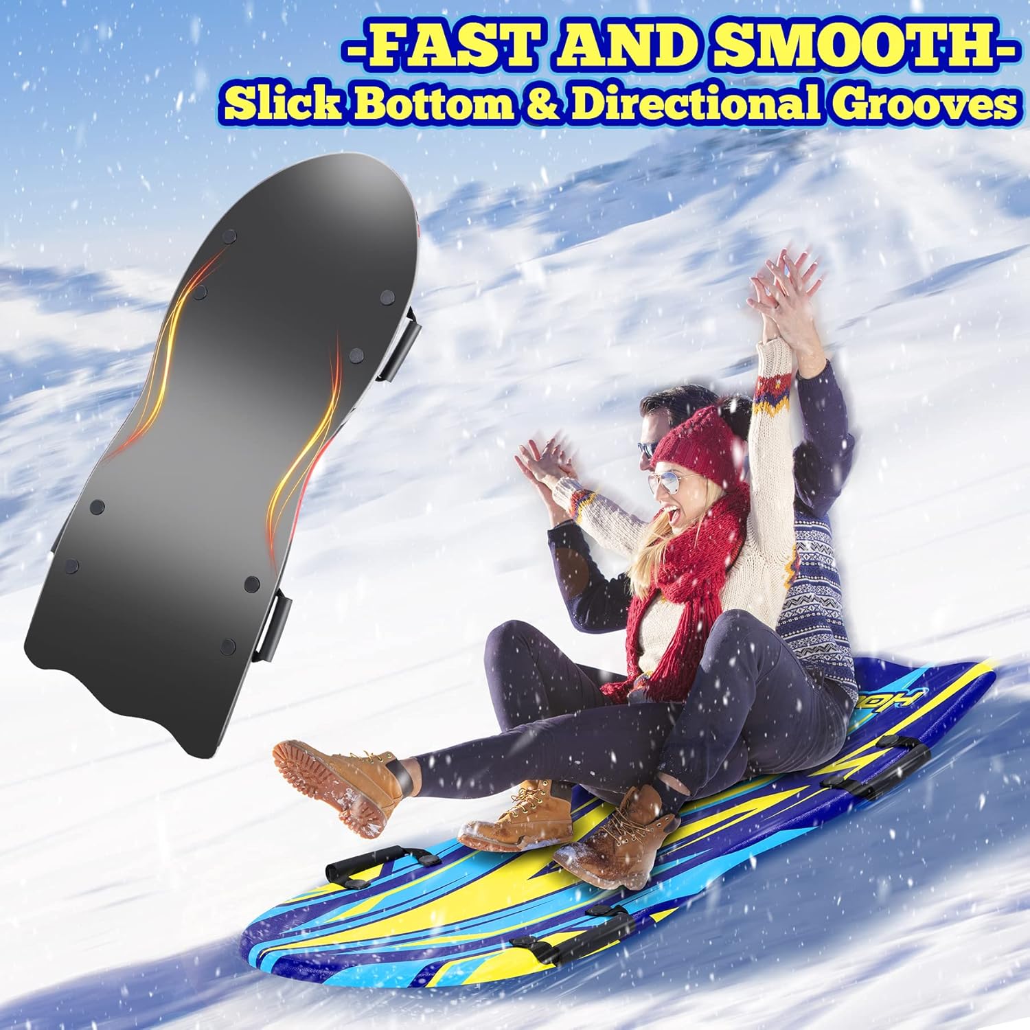 50" Snow Sled, 2 Pack Large Snow Sleds for Kids and Adult, Durable Foam Sled with Slick Bottom Jet Sled Fast Toboggan Sled Molded 4 Handles Snow Toys Saucer Sled for 2-3 Riders Winter Sledding