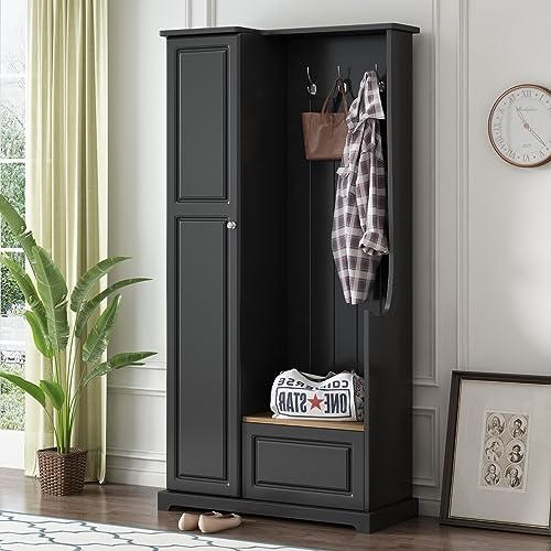 Stylish Design Hall Tree with Flip-Up Bench,Minimalist Hallway Shoe Cabinet with Adjustable Shelves,Coat Rack with Hanging Hooks for Entryways Mudroom,Black