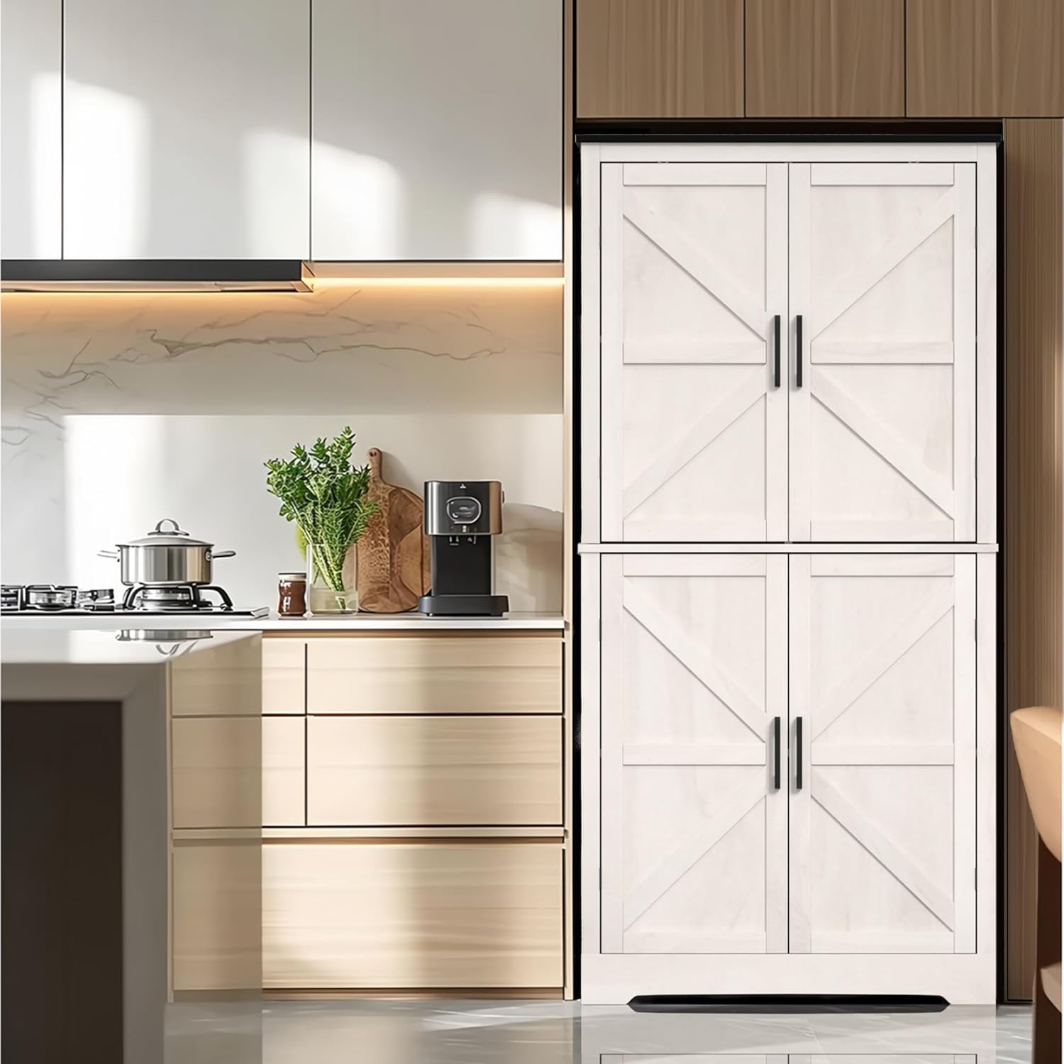 63'' Farmhouse Kitchen Pantry Cabinet, Grey Food Storage Cabinet with 4 Doors and Shelves, Freestanding Pantry Cupboard for Kitchen, Dining Room, Living Room