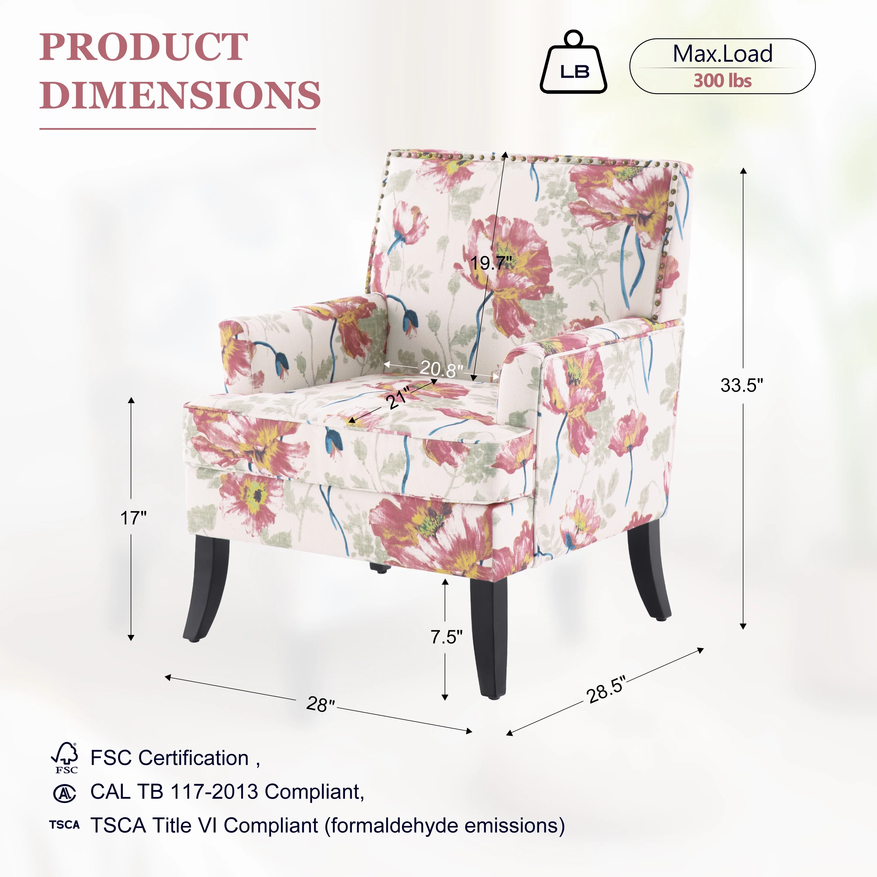 HUIMO Living Room Chair Set of 2, Upholstered Printed Accent Chair with Wooden Legs, Club Armchair with Rivets Holds 300 lbs, Comfy Reading Sofa Chair for Bedroom, Study (Red Floral)