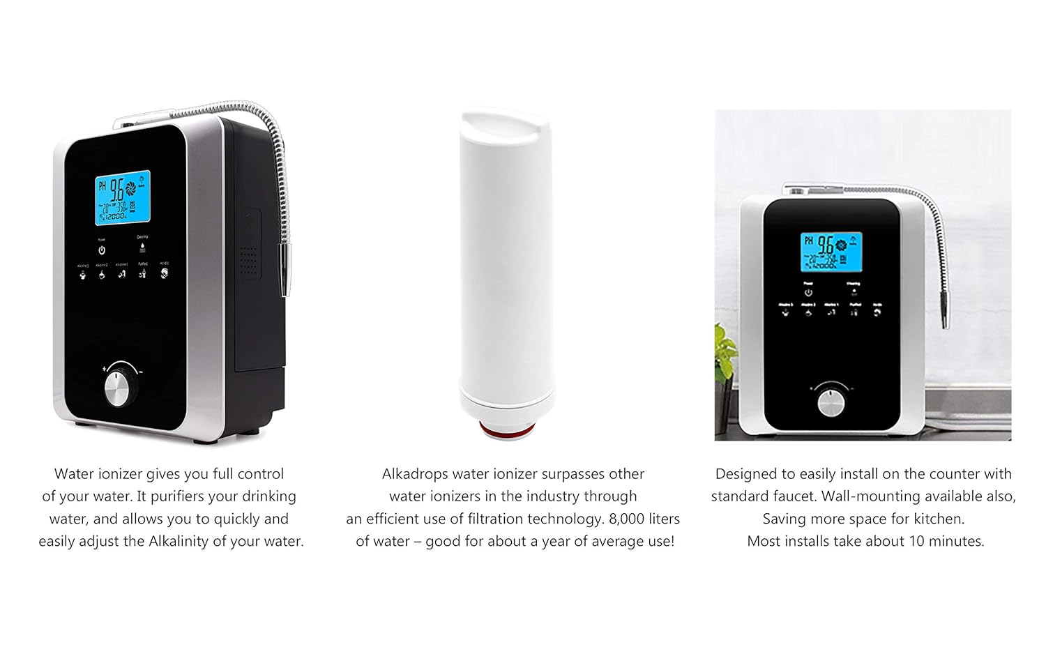 Water Ionizer and Water Purifier Machine,PH 3-11 Alkaline Acid Water Machine,Up to -800mV ORP, 8000 Liters Per Filter,11 Plate Electrode,Regulation Valve to Control PH and ORP/Auto-Cleaning