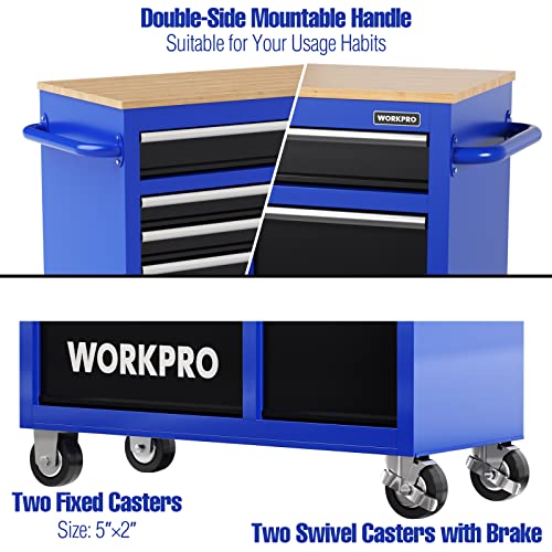 WORKPRO 46-Inch 9-Drawers Rolling Tool Chest, Mobile Tool Storage Cabinet with Wooden Top, Equipped with Casters, Handle, Drawer Liner, and Locking System, 1200 lbs Load Capacity
