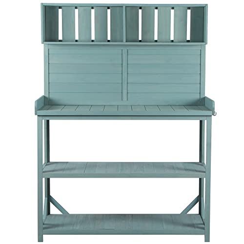 Wooden Potting Bench for Outside, 65" Large Potting Bench Table, Garden Work Bench Station with 4 Storage Shelves and Side Hook,Green