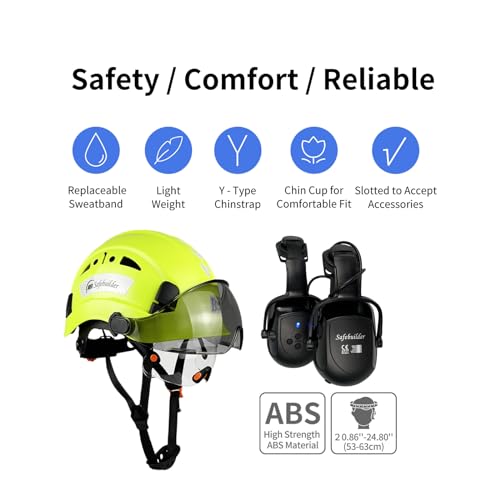 SAFEBUILDER Safety Helmet with Visor Bluetooth Ear Muffs SNR 26dB Hard Hat with Visors Mounted Ear muff Hardhats Vented ANSI Z89.1
