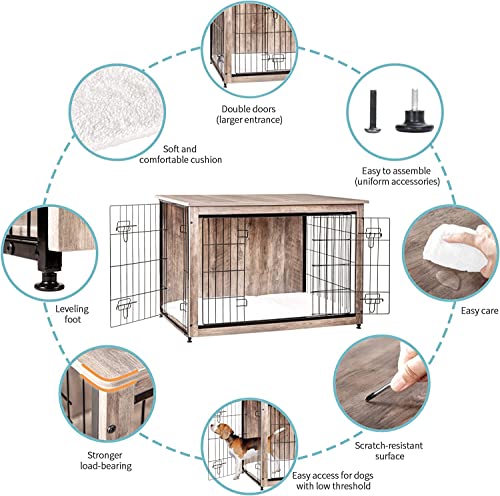 DWANTON Dog Crate Furniture with Cushion, Wooden Dog Crate with Double Doors, Dog Furniture, Dog Kennel Indoor for Small/Medium/Large Dog，End Table, Small, 27.2" L, Warm Brown