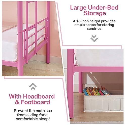 VECELO Metal Loft Bed Twin Size, Heavy Duty Bedframe with Removable Ladder and Safety Guardrail, Space-Saving, Noise Free, No Box Spring Needed, Off White