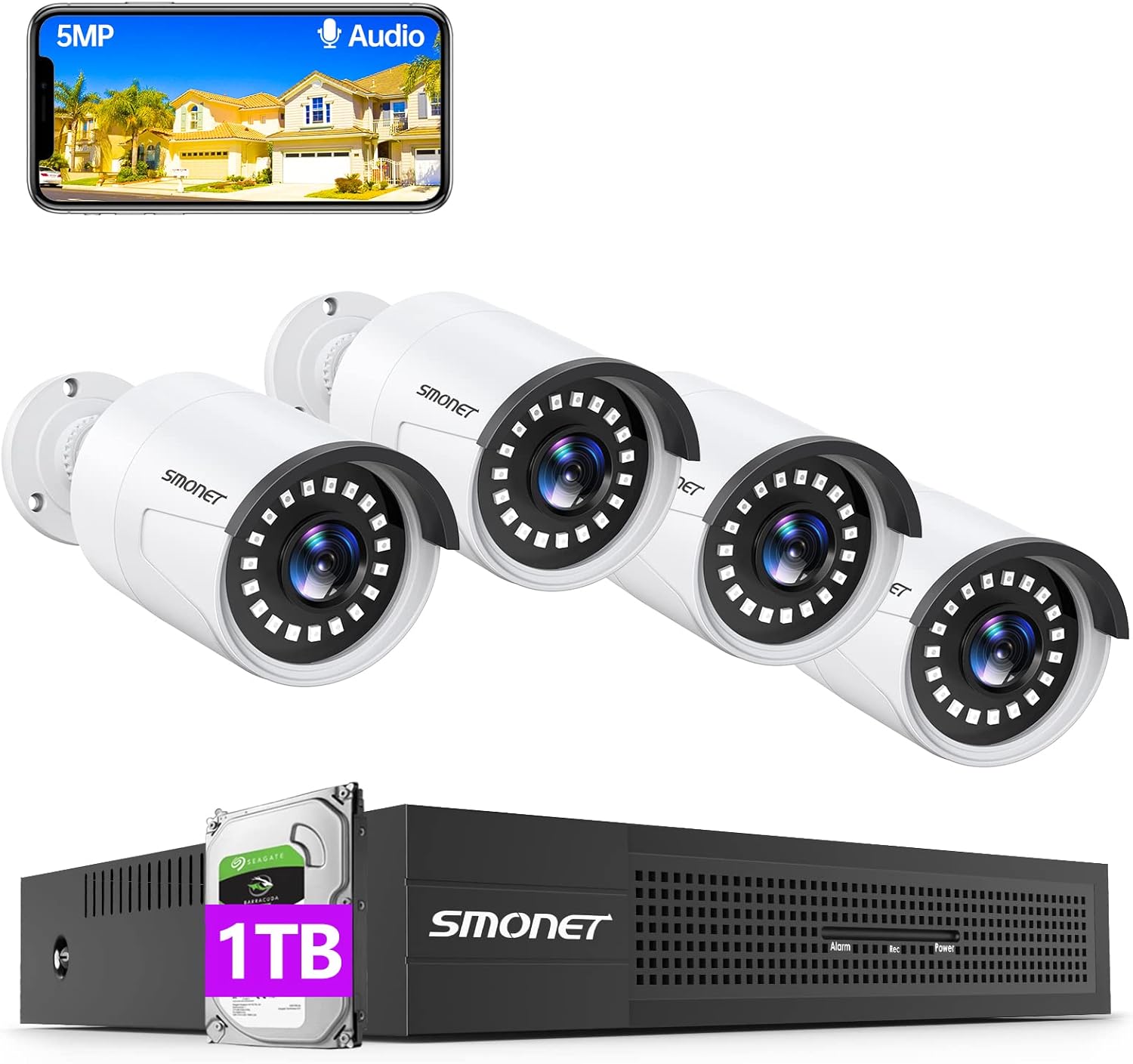 PoE Security Camera System 5MP with Audio, SMONET Home CCTV Surveillance DVR Kits,8 Channel NVR,4Pcs Wired Indoor Outdoor IP Cameras,AI Motion Detection,Night Vision,1TB Hard Drive,Free Phone App