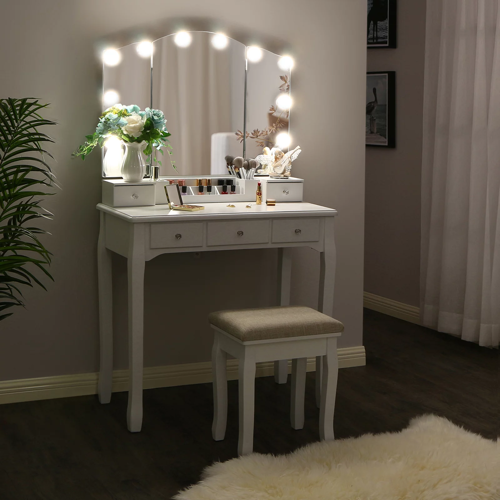 BEWISHOME Vanity Set with Lighted Mirror, Makeup Vanity with Tri-Folding Mirror 10 LED Bulbs, White Vanity Desk Vanity Table with 5 Drawers 2 DIY Dividers, Cushioned Stool, Movable Organizer FST09W
