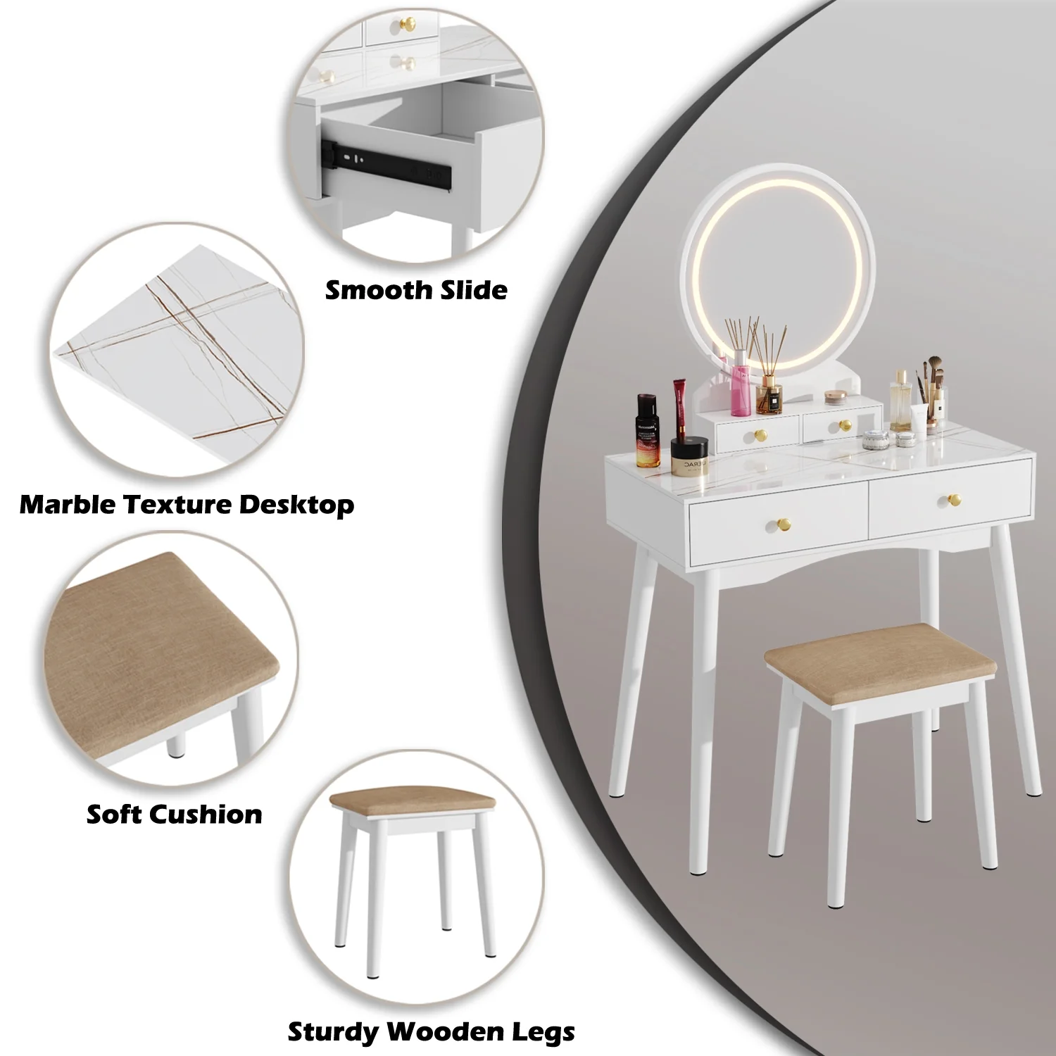 Furmax Vanity Table with Lighted Mirror, Vanity Desk with Stool, Dressing Table with 4 Drawers, Makeup Vanity Set, White Finish, for Bedroom