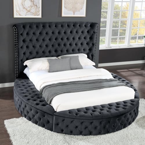 Circle Bed Frame Queen, Luxury Bed Frames with Wingback Headboard and Storage Side Rails & Footboard, Velvet Round Bed Frame with USB Chargers and Speakers, Circle Bed for Bedroom