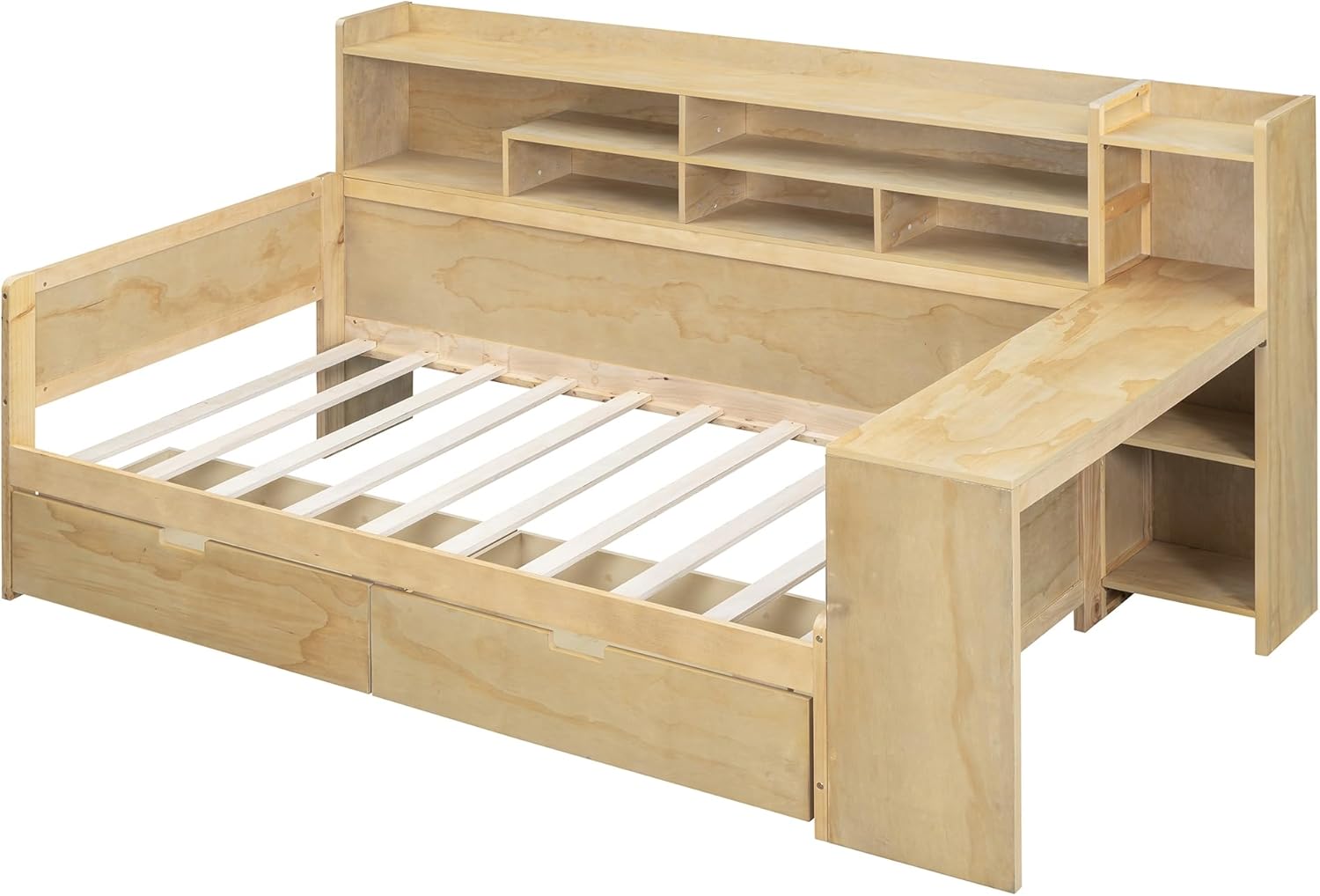 Twin Size Wooden Captain Bed Daybed with Storage Bookshelf, Study Desk and 2 Drawers, Multi-functional Storage Bed Frame for Bedroom Furniture, Space-Saving, Natural