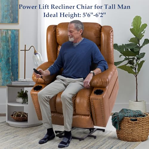 Large Power Lift Chairs Recliners for Elderly with Heated and Massage, Overstuffed Adjustable Lift Chairs, 3 Positions, Breathable Leather, USB-A and USB-C, Cup Holder, Side Pocket Dark Brown