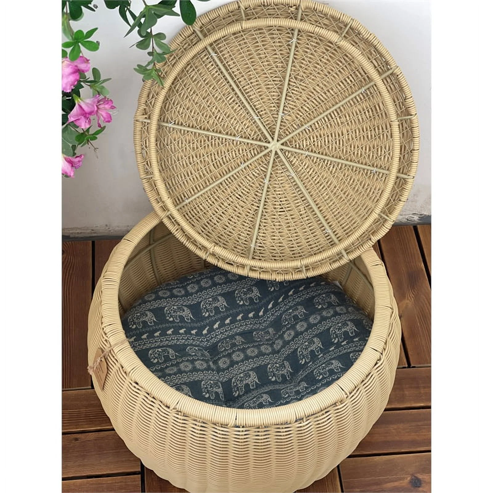 ELE Light & Decor Wicker / Rattan Footstool with Storage Seat in Tan/Beige