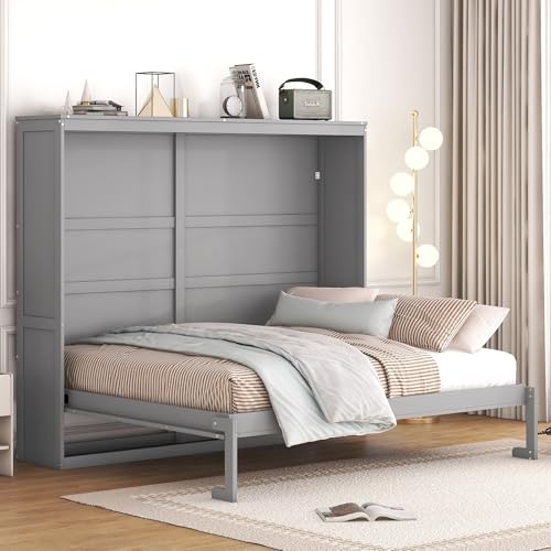 Harper & Bright Designs Queen Size Murphy Bed Wall Bed with Storage Shelves, Wardrobe and LED Lights, Space-Saving for Multipurpose Guest Room or Home Office, Gray