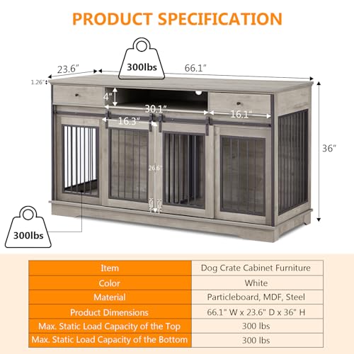86 Inch Double Dog Crate Furniture with Divider, 4 Combination Forms Large Dog Kennel Furniture for 2 Dogs, Rustic Brown Corner Dog Kennel for Small Medium Large Dogs