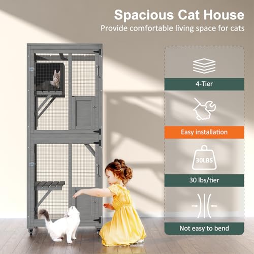 Catio Outdoor Cat Enclosure, Large Cat House for Mulitiple Cats Walk in Cat Cage with Waterproof Cover and Sunshine Panel Roof, Feral Cat Shelter with 7 Platforms and 2 Resting Box, 72 inch