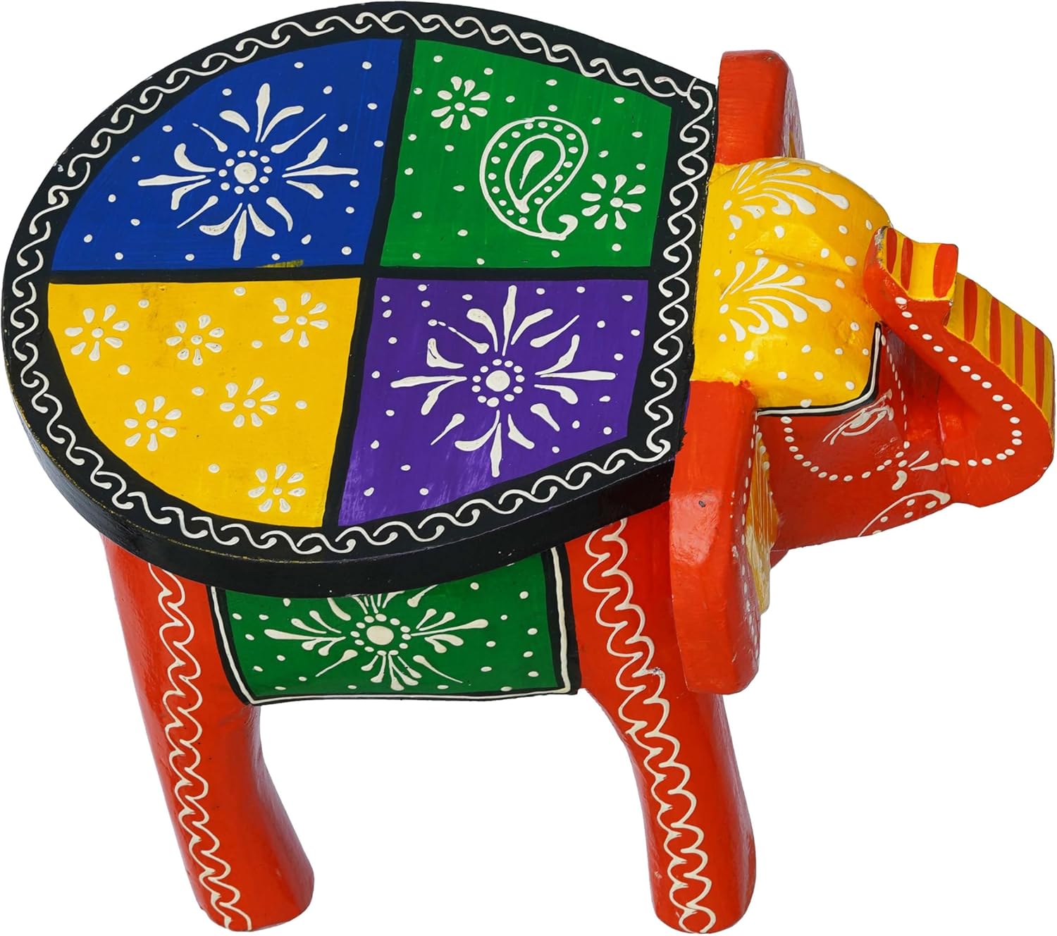 Aashvi Craft Handcrafted and Emboss Painted Colorful Wooden Elephant Shape Stool Table Clourfull -05, Medium