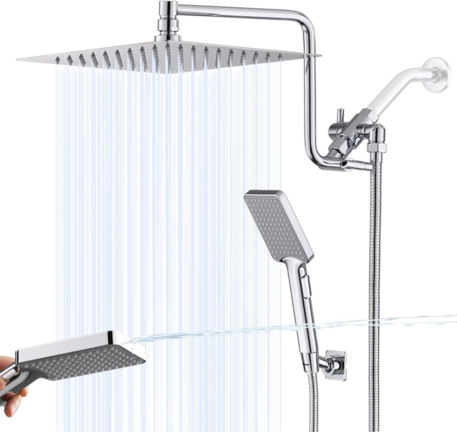 10" High Pressure Rainfall Shower Head with Handheld Combo, Upgrade 12" Extension Arm Height Adjustable, Powerful Stainless Steel Shower Head, Brass Shower Holder Extra Long Shower Hose, Chrome