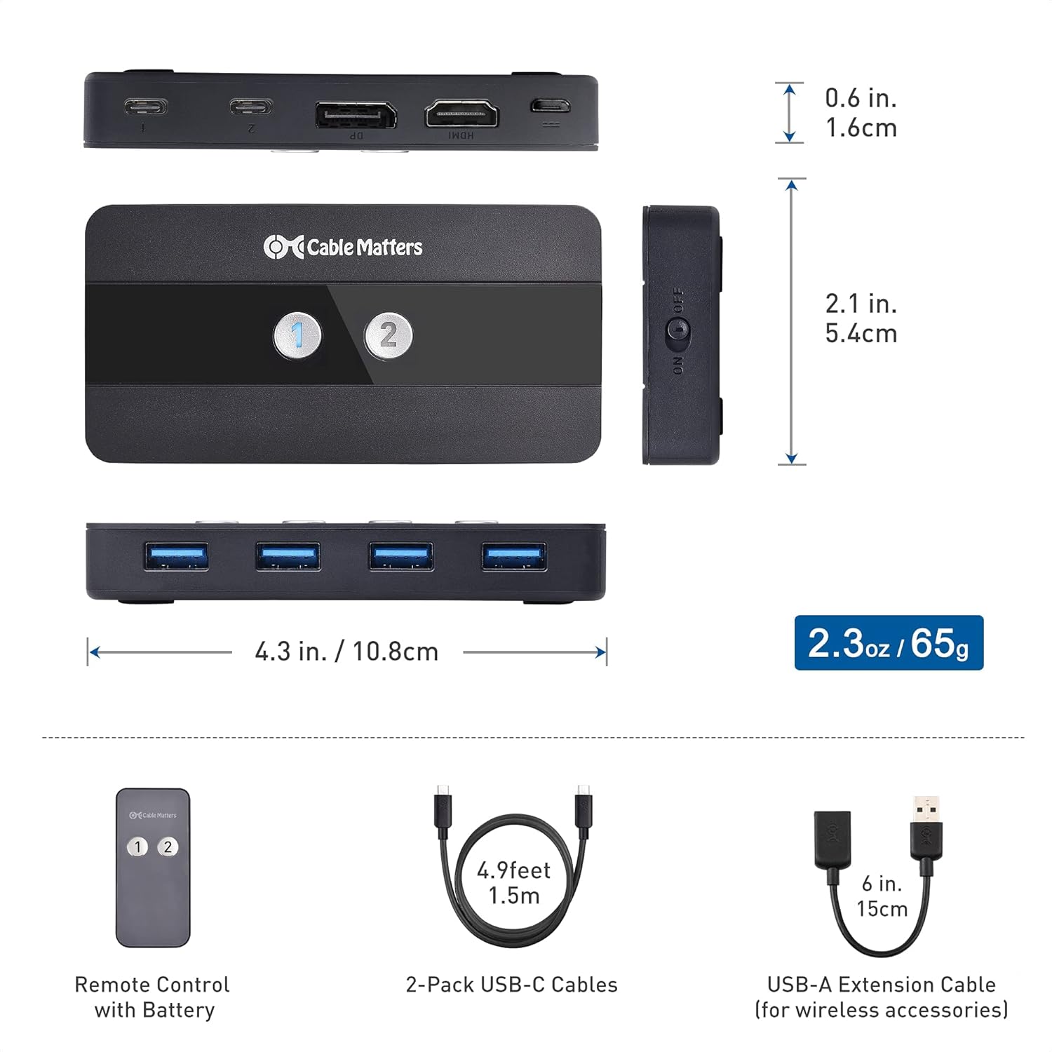 Cable Matters Dual 4K 60Hz USB C KVM Switch 2 Computers / KVM Switch USB C with HDMI, DisplayPort & 4x USB 3.0 - Remote Control Thunderbolt 4 USB4 Compatible for MacBook Pro, XPS, Surface Pro and More