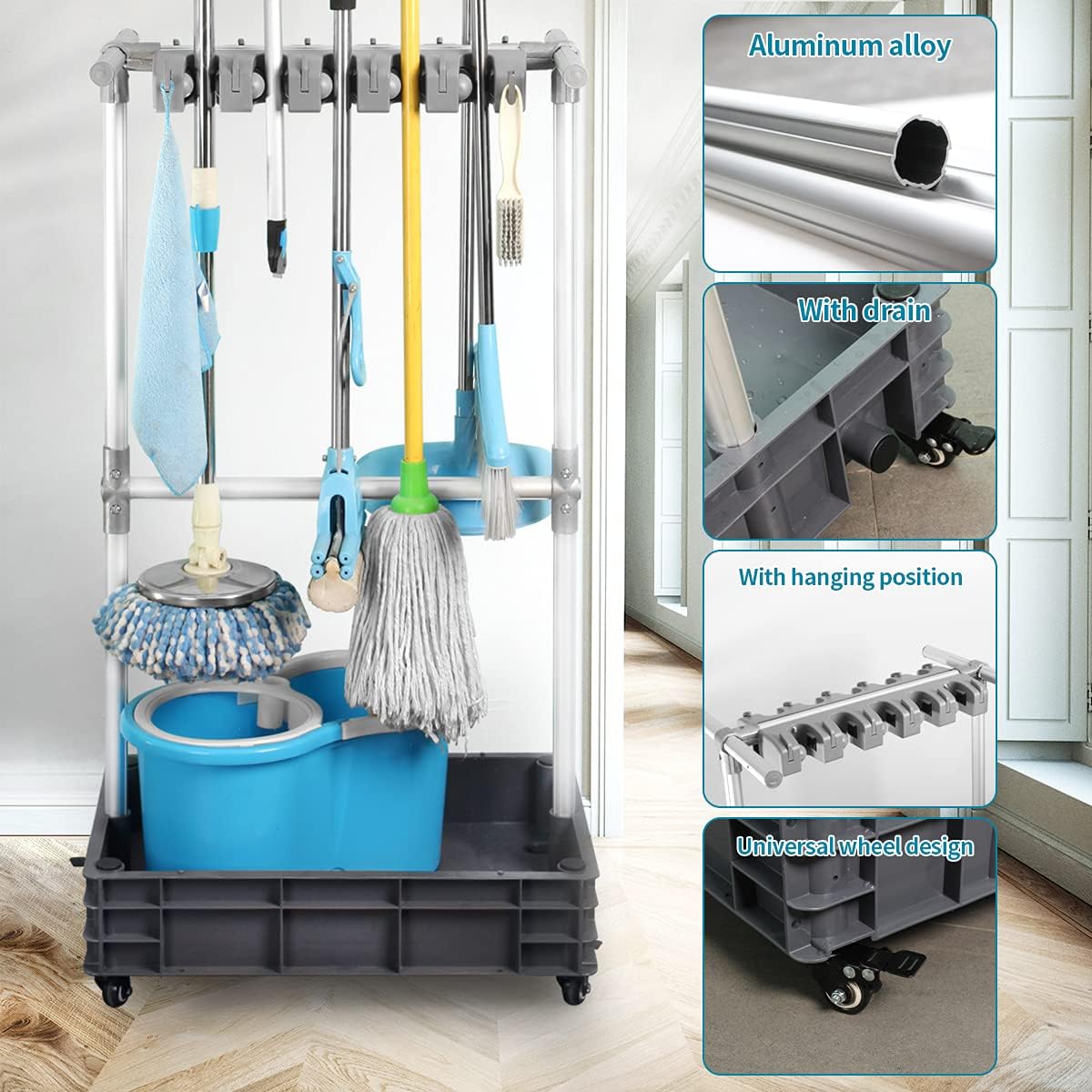QTJH Broom And Mop Holder Put Wet Mops Movable Floor-Mounted Mop Rack Floor Standing Cleaning Tool Cart Storage For Garden Garage Schools, Hospitals, Factories, Hotels,Property Companies