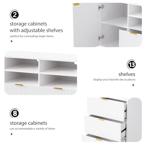 4-Piece Entertainment Wall Unit with 13 Shelves,8 Drawers and 2 Cabinets, Multifunctional TV Stand Media Storage Cabinet for TVs Up to 70"" with Fluted Line Surface (Black), SJ000116A
