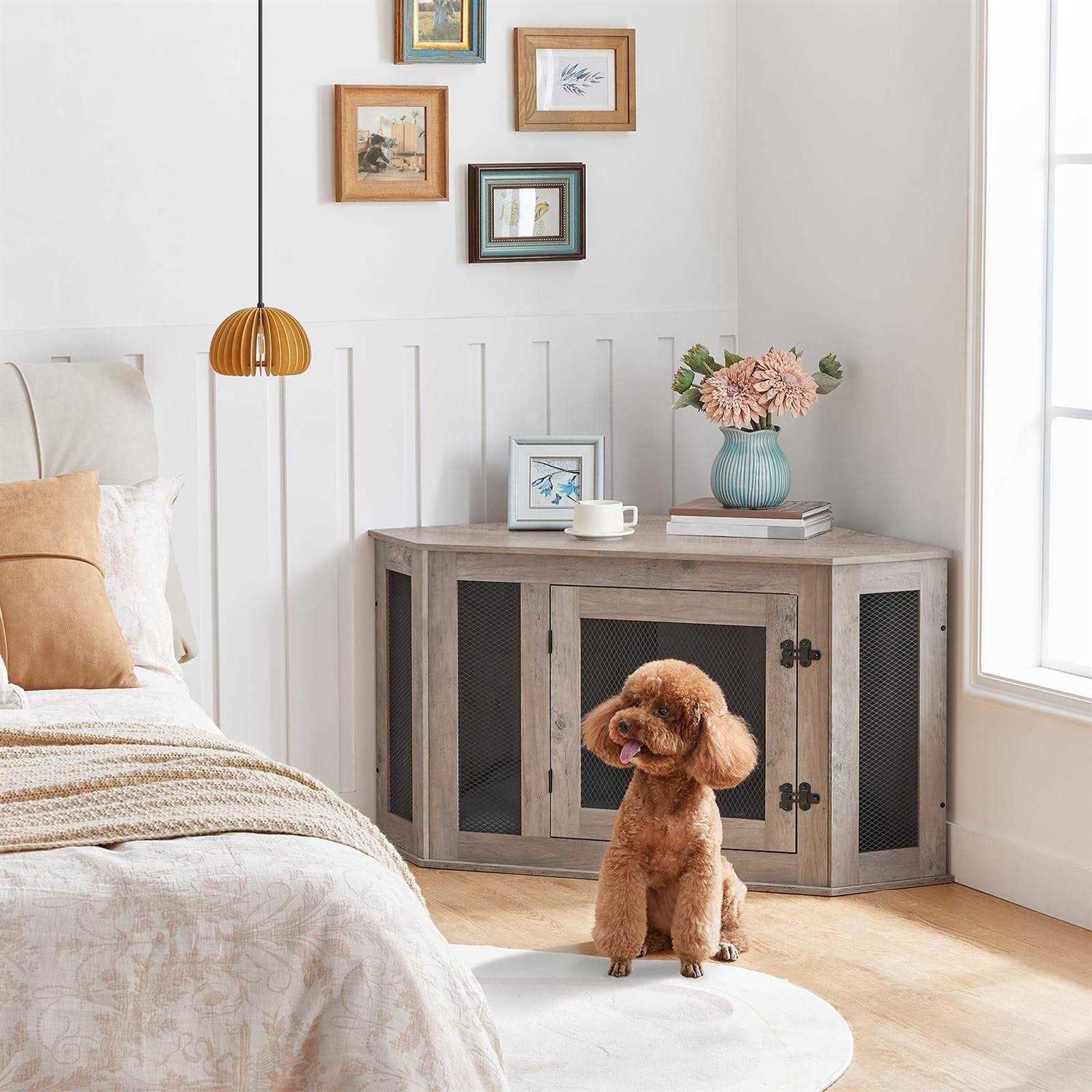 MAHANCRIS Corner Dog Crate Furniture Wooden Dog Kennel End Table Decorative Pet Crate Indoor Use - Pet Supplies online store