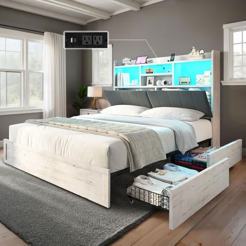 Full Farmhouse Bed Frame with Bookcase Headboard and 4 Drawers, LED Storage Bed with Charging Station & Linen Upholstered, No Box Spring Needed, Black