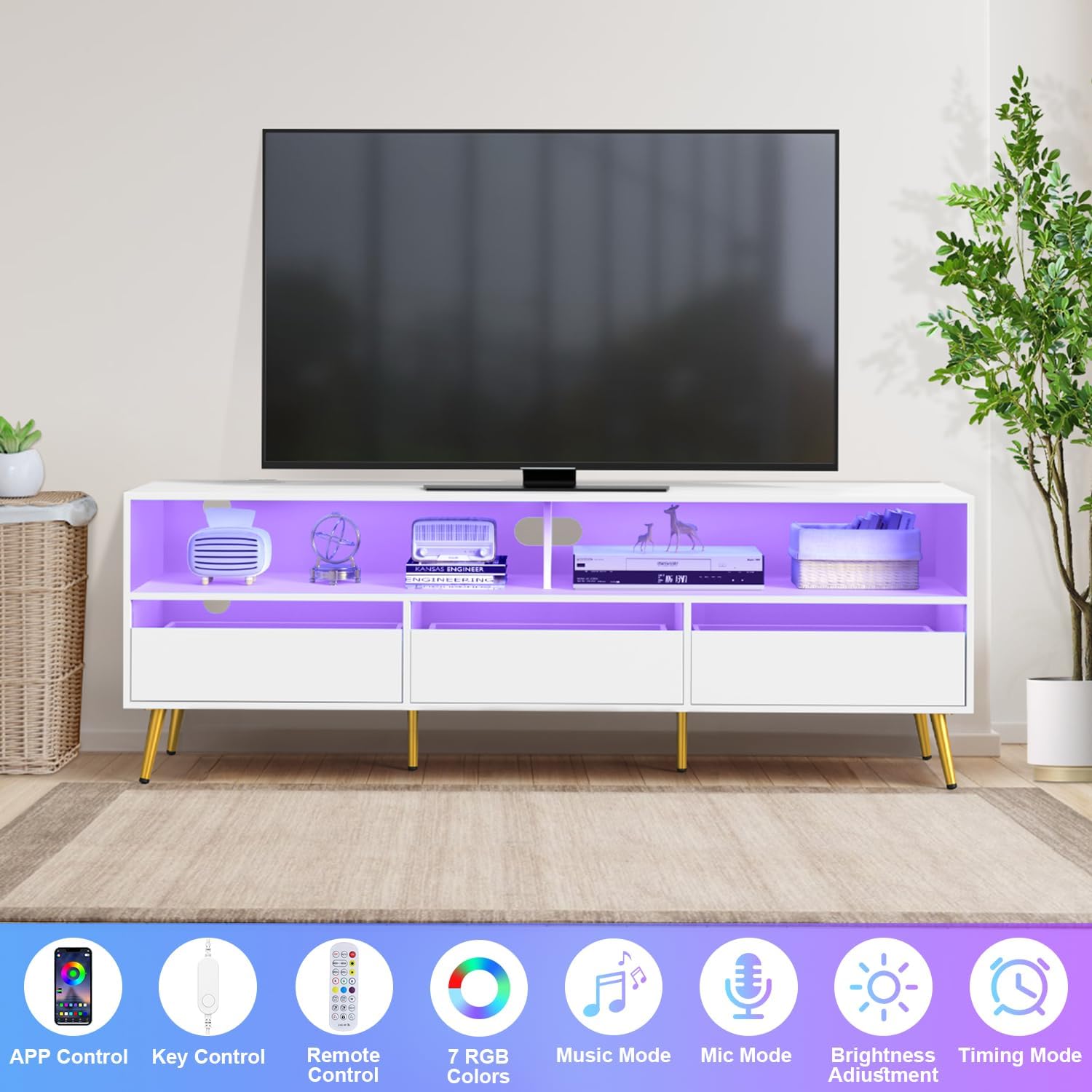 TV Stand 65 inch with LED Light and Power Socket, Modern TV Stand with 3 Drawers, Entertainment Center, Living Room TV Stand for 75 inch TV, White