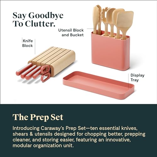 Caraway 14-Piece Kitchen Prep Set - Kitchen Knife Set & Wooden Utensil Set - Made With Premium German Steel Blades & FSC-Certified Birch Wood - Non-Toxic Materials - Includes Organizer