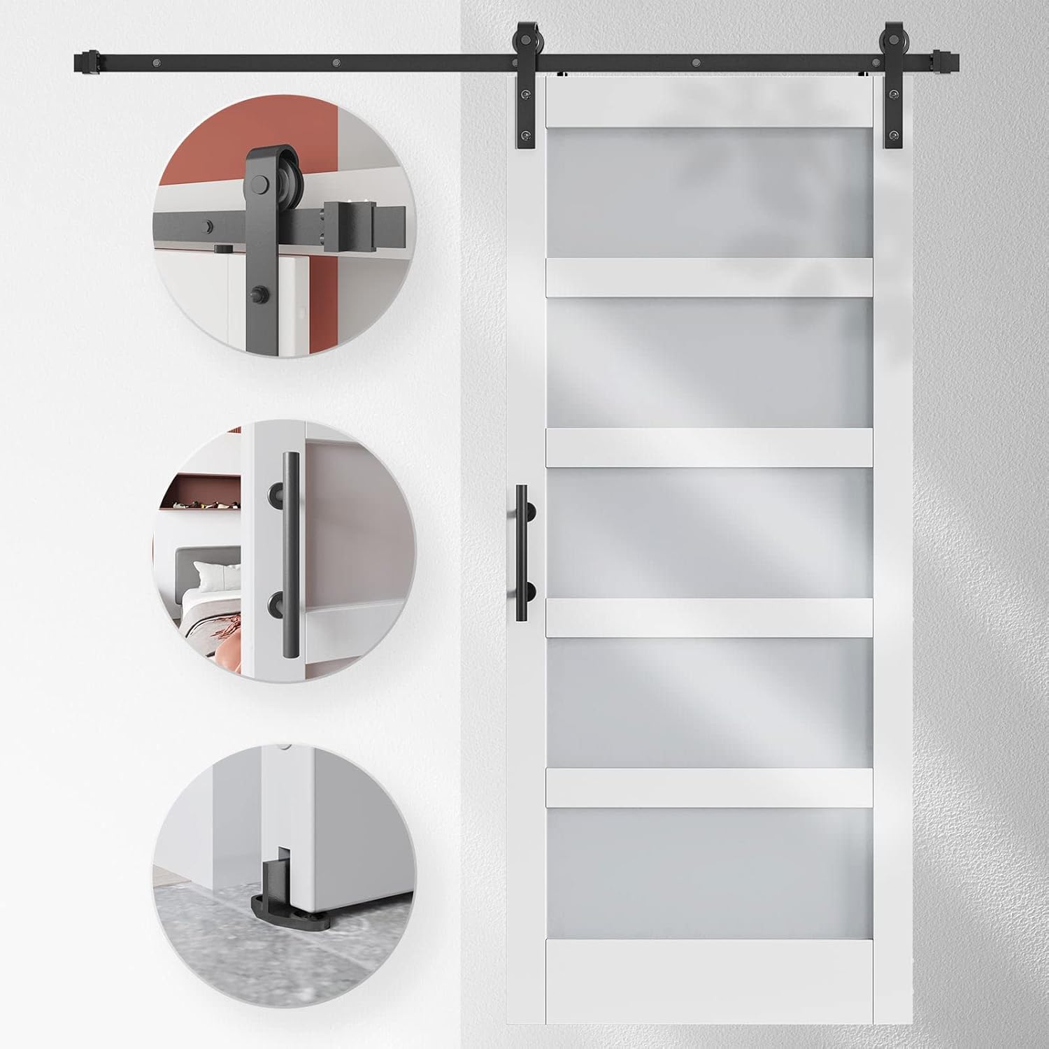 EaseLife 36in x 84in Glass Barn Door with 6.6FT Sliding Door Hardware Kit Included & Handle,Solid MDF Inside Covered with Water-Proof PVC Surface,5-Panel Glass,White